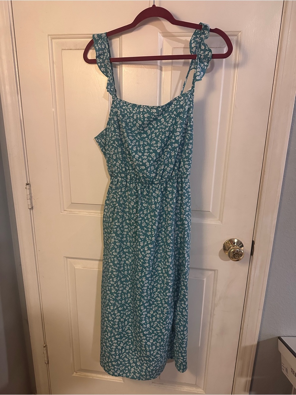 Teal Floral Midi Sundress with Ruffled Straps